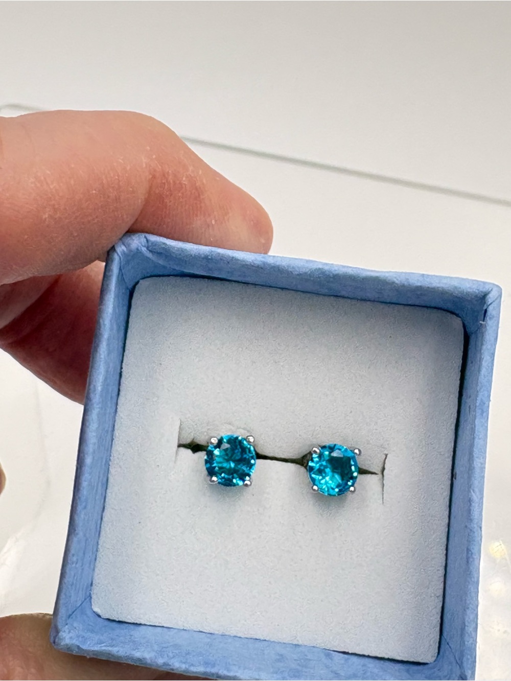 Classic Blue Topaz Round Stud Earrings - Silver Tone - Picture 14 of 16